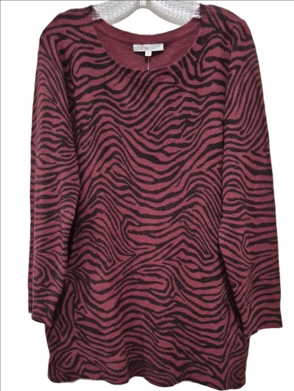 Cleo Dark Burgundy Black Zebra Animal Print Tunic Sweater Large NWT